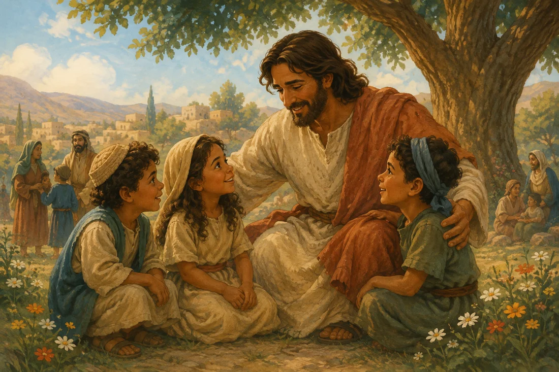 Ilustração de Jesus acolhendo crianças em um jardim